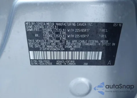 2016 Toyota Rav4 Le из США, поврежденный, VIN 2T3ZFREV0GW284394